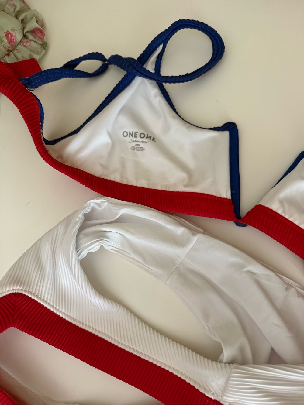 4th of July White Ribbed Bikini Set with Red & Blue Trim - Picture 2 of 3